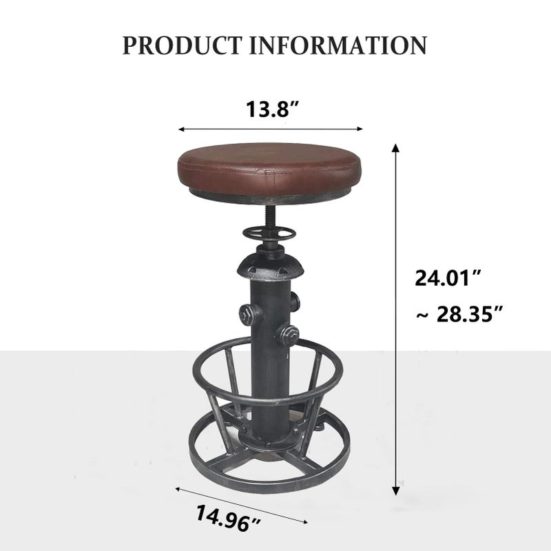 Topower Antique Industrial Round Bottom Adjustable Height Cafe Coffee Retro Vintage Stylish Water Pipe Design Pub Kitchen Bar Stool (Silver, PU Leather Top) - Image 2